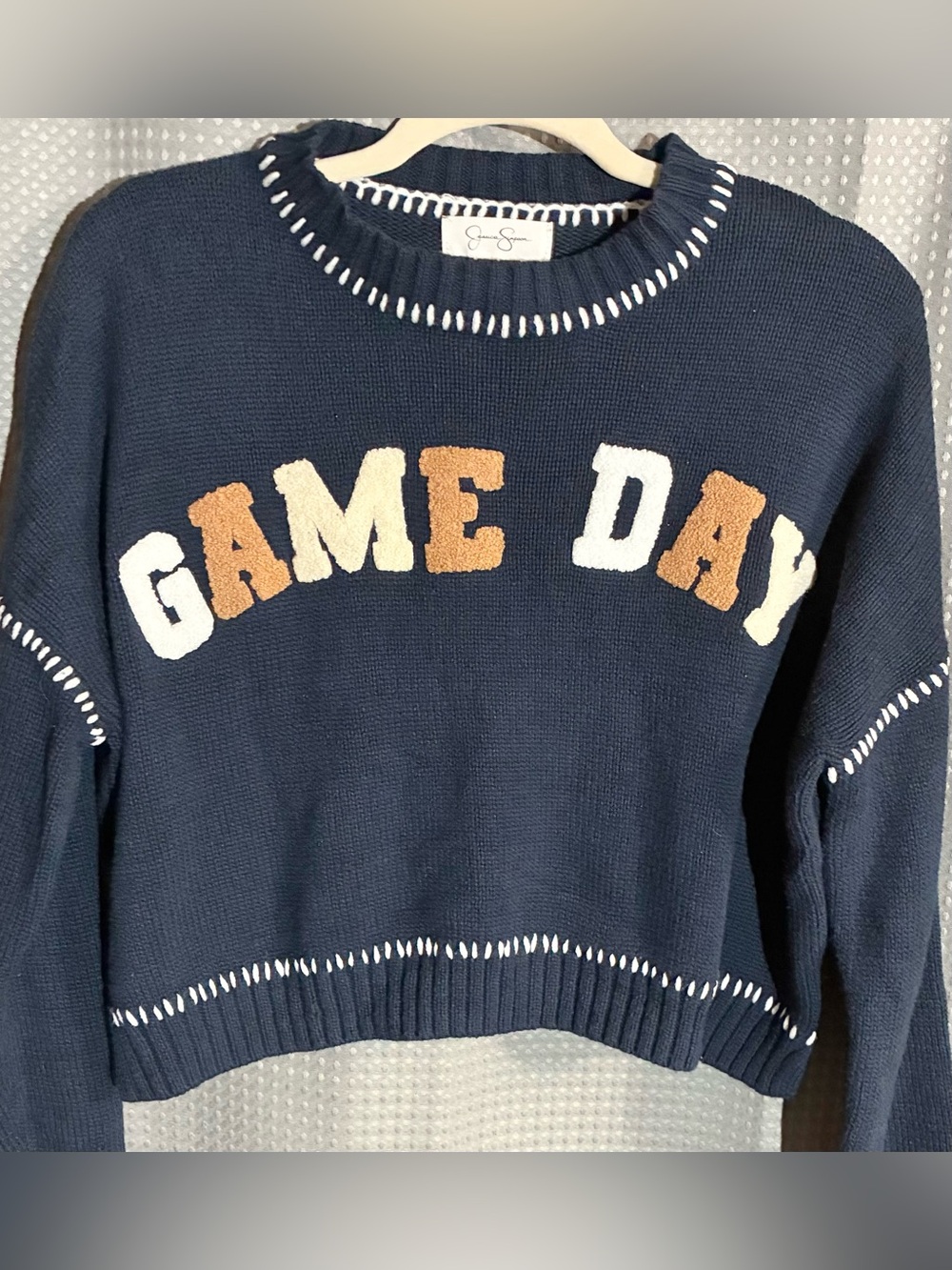 Jessica Simpson Navy "Game Day" Crewneck Sweater S Novelty Fall Fun